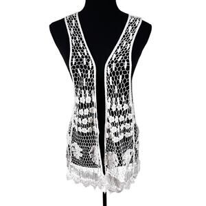 Crochet Lace Vest XL Open Front Cream Floral Boho Festival Duster Cardigan Nabee